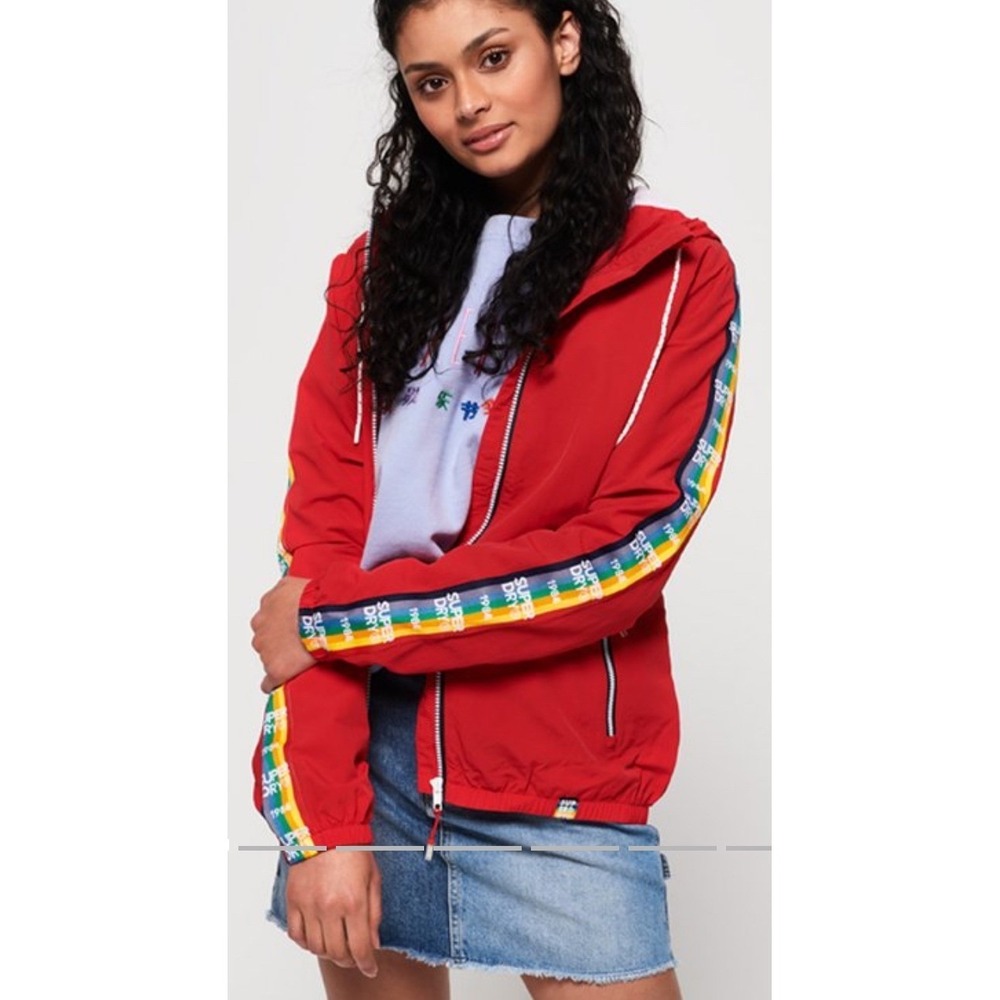 Superdry Womens Red‎ Rainbow SD Sleeve Hooded Windbreaker Track Jacket Skater 10